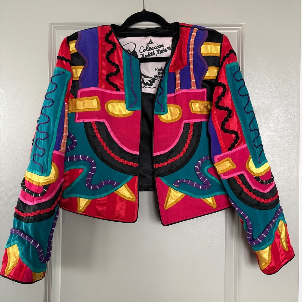 Judith Roberts Artwear Appliqué Colorblock Cropped Jacket Size M Mexico